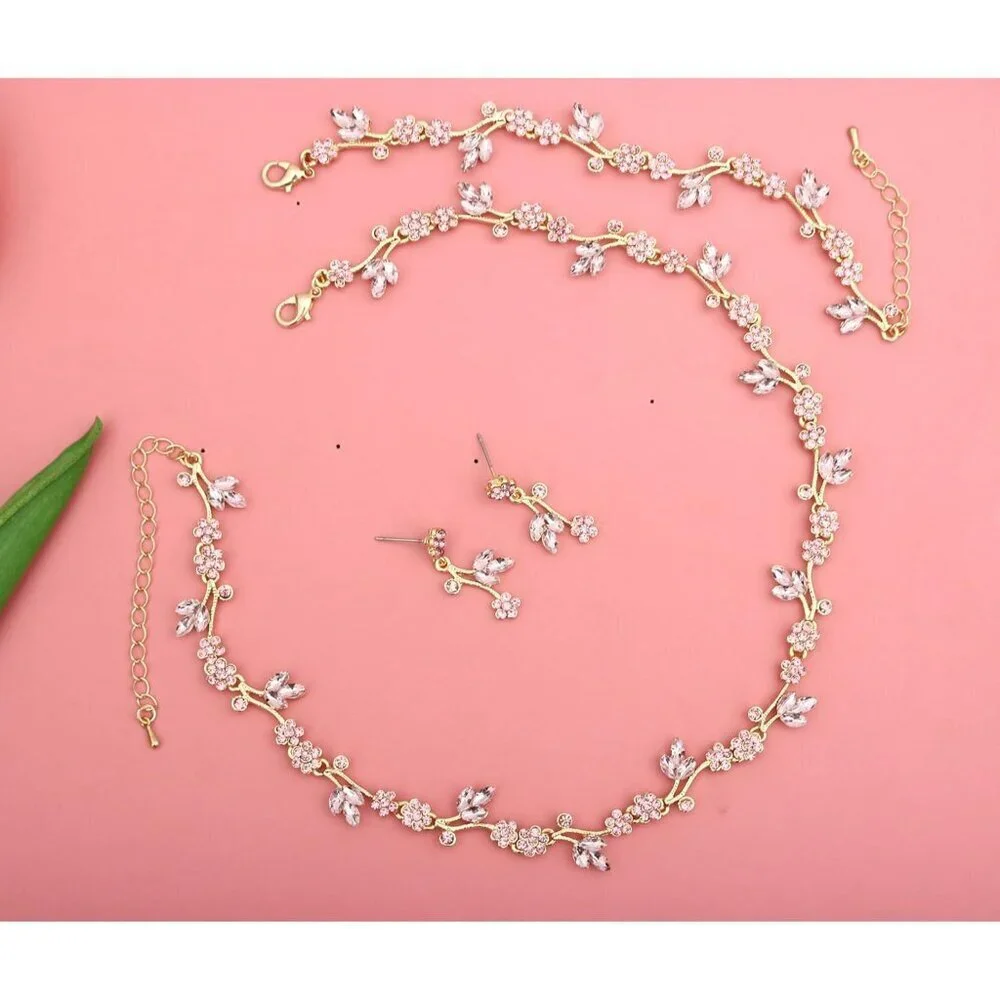 Flower Leaf Jewelry Set Choker Earrings Bracelet Wedding Prom Crystal Gold